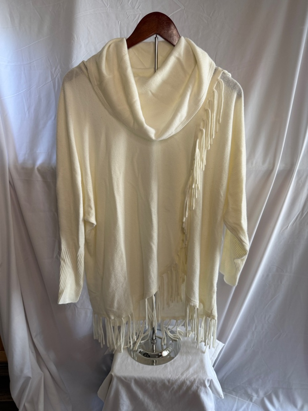 Cream Fringe Cowl-neck Sweater